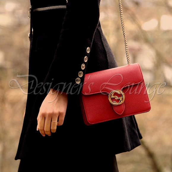 SOLD! NEW GUCCI Interlocking GG Red Leather Crossbody Chain Bag $1,980 Authentic - Picture 3 of 12